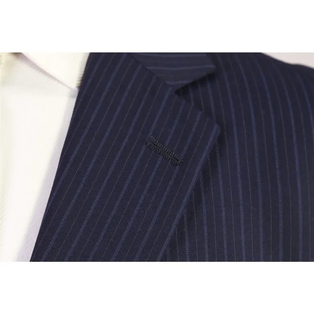 Hart Schaffner Marx Very Recent Navy Blue Striped 2-Btn Wool Suit 44L